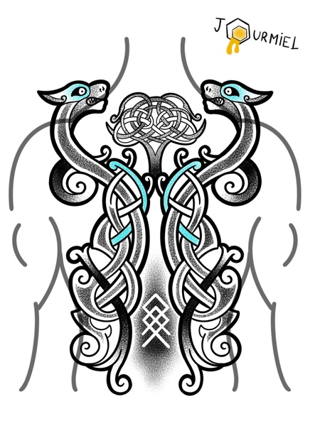 tatouage viking dos homme rune arbre de vie